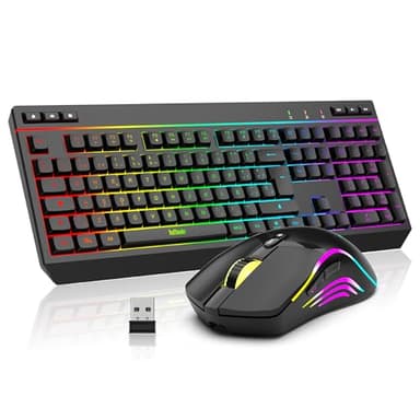 RedThunder K20 Juego de Teclado y Ratón Inalámbrico Recargable, ES Layout, Retroiluminación RGB + Teclas de Función Multimedia, Ratón 7D 4800DPI para PC Mac Portátil(Negro)