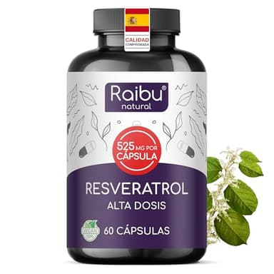 Resveratrol Alto en Dosis - 525 mg de Trans Resveratrol (98%) por Cápsula - Extraído de Fallopia Japonica - 60 Cápsulas - Mejor Biodisponibilidad con Piperina - Vegano, Sin Aditivos