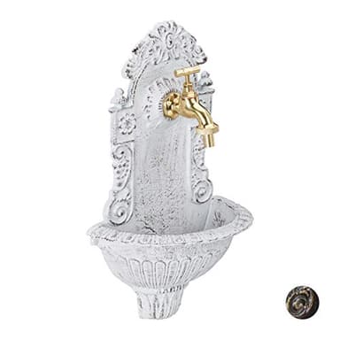 Relaxdays Fuente Jardín de Pared, Diseño Antiguo, con Grifo, Aluminio Fundido, Shabby, 1 Ud., 40 x 24,5 x 13 cm, Blanco