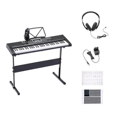 Amazon Basics Teclado de Piano Digital Portátil de 61 Teclas para Principiantes, Altavoces Incorporados, 255 Timbres y Ritmos, 50 Canciones de Demostración, Atril y Auriculares Incluidos - Negro