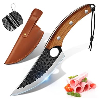 OOKUU Cuchillos Vikingos, Cuchillos de Cocina Japoneses con Afiladores, Cuchillos de Deshuesar Forjados, Cuchillos de Carnicero con Mango de Colmillo Completo y Cordón