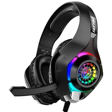 Tatybo Cascos Gaming para Ps4 Ps5 PC, Auriculares Gaming con Estéreo de Graves Profundos, Luces RGB, Cómodas Orejeras Grandes, Cascos con Micrófono para Xboxone Switch
