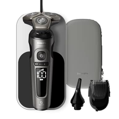 Philips Serie 9000 Prestige Afeitadora Eléctrica Hombre, Máquina de Afeitar Barba con Barbero, 72 cuchillas, 60min de uso, En Seco y Húmedo, Recargable, Base Carga QI, Naricero, SP9871/22, Cromo