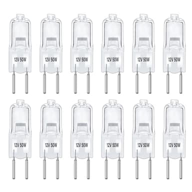 Paquete de 12 Bombilla Halógena G6.35 50W 12V, Halogena GY6.35 Regulable, 650lm, Blanco Cálido 2700K, G6.35 Bombilla Halógena Base de Pin, para Luz del Gabinete, Lámpara de Araña, Iluminación Paisaje