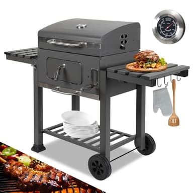 Jiubiaz Barbacoa XL de carbón vegetal con tapa + ruedas, incluye termómetro, chimenea, doble suelo plegable, 8 ganchos y parrilla, ahumador para barbacoa de camping y jardín, barbacoa de carbón gris