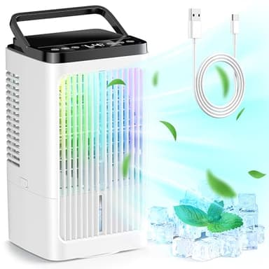 Aire acondicionado portátil, ventilador de 1500 ml, 4 velocidades, iluminación LED de 7 colores, 2 funciones de pulverización y temporizador de 1 a 8 horas, perfecto para dormitorio, oficina