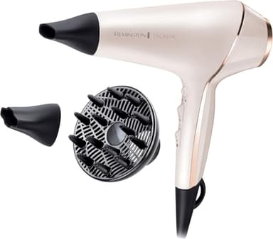 Remington Secador de Pelo PROluxe, Tecnología OPTIHeat, Iónico, Peinados Duraderos y Sin Encrespamiento, 2400 W, Motor AC, Difusor y Concentrador, 3 Temperaturas, 2 Velocidades, AC9140, Color Rosa