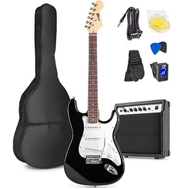 MAX GigKit - kit guitarra eléctrica de iniciación, amplificador de guitarra eléctrica de 40w, funda de transporte, afinador digital, cuerdas, palanca tremolo, correa, 2 puas, cable de 3m, Color Negro