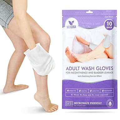 Medcosa - Manoplas húmedas para adultos con incontinencia - Toallitas desechables en forma de guante para limpiar el cuerpo. Húmedas e inodoras, con crema barrera y dimeticona, 5 paquetes de 10