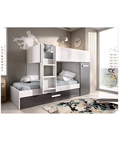 LITERA Tren con SUPLETORIA Y Armario Lucas - Blanco/Grafito Litera con Cama supletoria y Armario. Ahorra Espacio con Esta Cama Tren Juvenil de 243 x 111 cm de 3 Camas