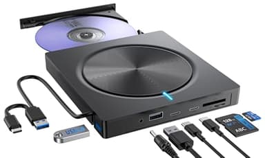 Lector CD/DVD Externo,Grabadora USB 3.0 y Type-C,Reproductor DVD Portatil, Unidades CD/DVD -RW/ROM, Lector Tarjetas SD TF y 4 Puertos USB-A/C para PC/Portátil/Windows 11/10/8/7/XP/MacOS/Linux