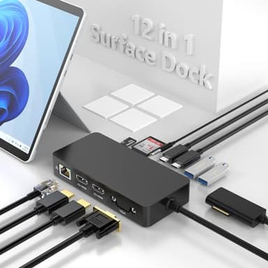 Microsoft Surface Dock, Surface Docking Station 12 en 1 con doble HDMI, VGA, USB C, USB A, Ethernet, audio, ranura para tarjeta SD/TF, para Surface Pro, Surface Laptop, Surface Book, Surface Go