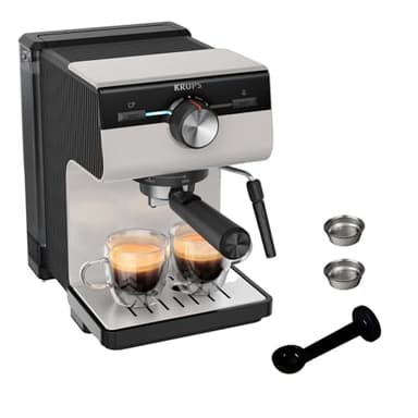 Krups Cafetera Espresso Manual, Authentic, 15 bares de presión, Espumador de leche, Ajuste Manual, Cuchara Medidora y Compactadora, depósito de 2 L de capacidad, Inox, XP381B