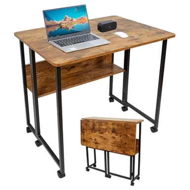 Fiutazge Mesa Escritorio Plegable con Ruedas y Almacenamiento, Mesa Plegable de Pequeño Espacio para Estudio, Casa Oficina, Computadora Manualidades,Marrón Rústico y Negro