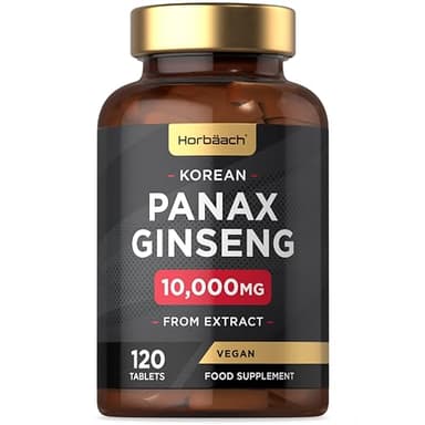 Ginseng Rojo Coreano Puro 10.000mg | 120 Compimidos de Veganos | Extracto de Panax Ginseng | Energía Física y Mental, Ánimo & Concentración | Alta Concentración | Horbaach