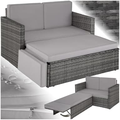 TecTake® Sofá de Ratán con Taburete Reposapiés, Conjunto Jardín Sillón 2 Plazas, Mueble Jardín Exterior con Cojines Gruesos, Conjunto Terraza Resistente a la Intemperie y Estructura en Acero - Gris