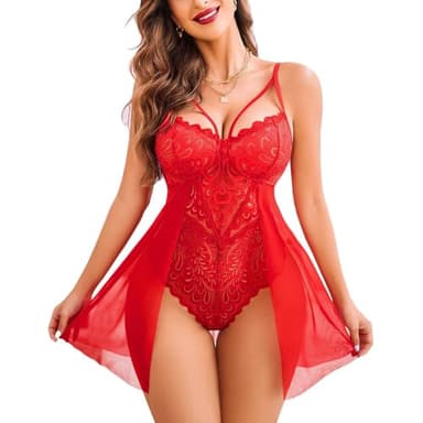 Lencería Sexy Mujer Sheer Babydoll Encaje Body de Una Sola Pieza de Malla de Cuello V Cutout Correa Camisón Suave Mini Vestido
