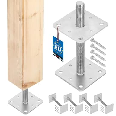 KOTARBAU® Lote de 4 Soporte para Postes de Madera 110 mm x 110 mm x 250 mm Rosca M24 mm Base Poste Madera Atornillar en Suelo de Hormigón Anclajes Madera Sujeción Galvanizada Altura Ajustable