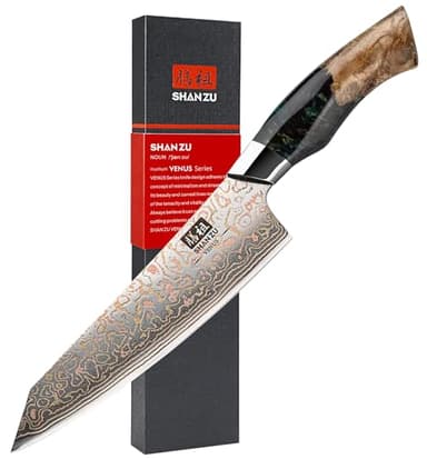 SHAN ZU Cuchillo de Chef Damasco 20cm, Cuchillo de Cocina de Cobre y Acero 33 capas, Cuchillo Japonés Forjado a Mano con Mango de Madera de Arce - VENUS Series