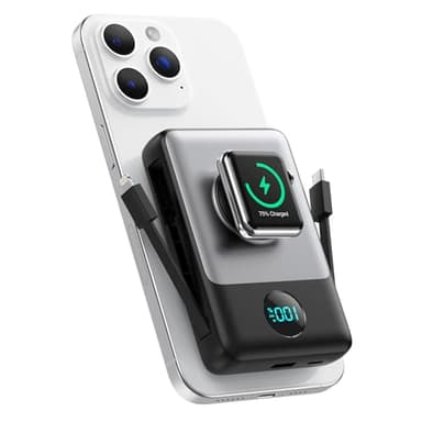 Magnético Power Bank con Cable Integrado para MagSafe, 10800mAh Bateria Externa Carga Rapida QC4.0+PD 25W USB C Inalámbrica Bateria Portatil con Pantalla LED para Apple Watch/iPhone 16/15/14/13/12