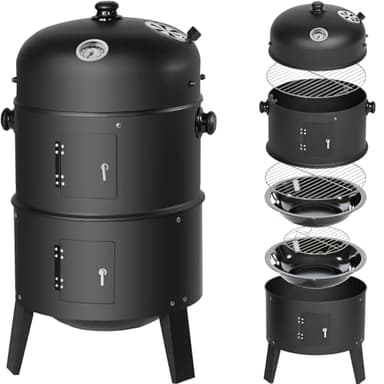 TecTake® Barbacoa de Carbón Vegetal, Ahumador Barbacoa con 2 Puertas Laterales de Ventilación, Orificio Regulable, Termómetro, Cuenco para Agua, Parilla Cromada, Asador de Carne