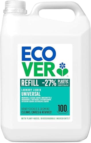 Ecover Detergente líquido para lavadora ecológico - Detergente para ropa blanca y de color, Fragancia Honeysucke - Jazmin, Formato rellenable, 100 lavados, Multicolor, 5 l (el paquete puede variar)