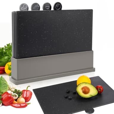 MASTERTOP Juego de 4 Tablas de Cortar en Plástico con Soporte Tablas de Cocina Multiusos en PP de Calidad Alimentaria Aptas para Lavavajillas Tablas para Picar Carne, Pescado y Verduras Gris
