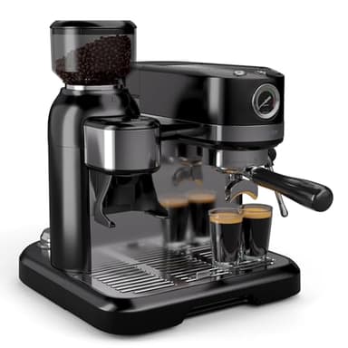 Klarstein Bella Café Cafetera Espresso – 19 Bares, 1550W, Molinillo Integrado 200g, Espumador de Leche, Depósito 1,4L, Thermo Block, 2 Tazas, Negra