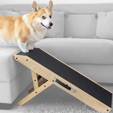 Rampa para Perros pequeños o Grandes - Ajustable 18-53 cm - para Cama y sofá - Madera de Abedul - La Plataforma se Conecta Perfectamente - Superficie Antideslizante - Natural