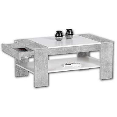 Stella Trading FINLEY Plus Mesa de centro con acabado en hormigón y blanco, espaciosa mesilla baja con cajón y estante para tu salón, 100 x 44 x 58 cm (ancho/alto/profundo)