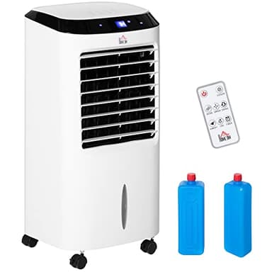 HOMCOM Climatizador Evaporativo Bajo Consumo Enfriador de Aire Portátil 10L Humidificador Ventilador 60W Iones Negativos Pantalla LED Control Remoto Temporizador 3 Velocidades 38,2x31,6x76 cm Blanco