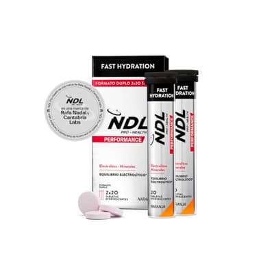 NDL Pro-Health Fast Hydration - Tabletas de hidratación rápida, bebida electrolitos y sales minerales para el deporte, disminuye el cansancio y la fatiga, sabor Naranja, Pack 2, 40 tabletas
