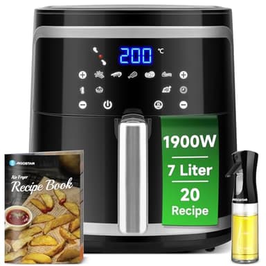 Aigostar Freidora de Aire 7L, 1900 W, Freidora sin Aceite con 7 Funciones, Pantalla Táctil LED, Doble Uso: con Cesta o Cajón. Sin BPA. Libro de Recetas Incluido, Cesta Antiadherente, Negra(IBT)