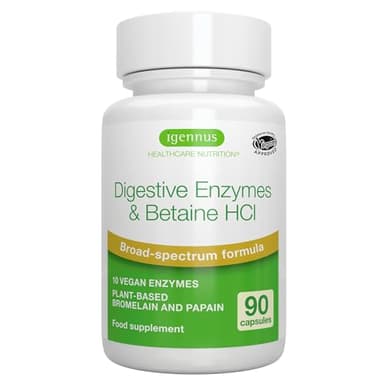 Enzimas Digestivas con Betaína HCl y Bromelina, 10 Enzimas Veganas que Incluyen Papaína y Lipasa, Clorhidrato de Betaína, Suplemento de Etiqueta Limpia, 90 Cápsulas, de Igennus