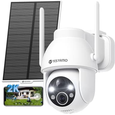YESYAMO 2K Cámara Vigilancia WiFi Exterior Solar con Batería, Panel Solar, 2.4GHz Wi-Fi Cámara Exterior Solar IP66, 360° PTZ, Visión Nocturna Color, Audio Bidireccional, PIR Sirena, Blanca