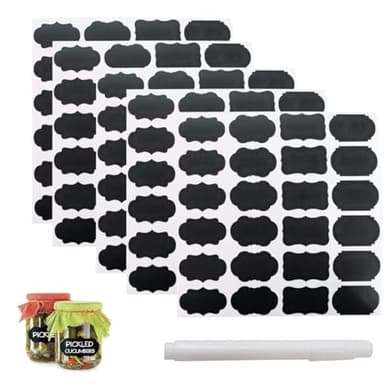 XURJUMI 120 Piezas Etiquetas Adhesivas Amovible, Impermeable Pegatinas Pizarra para Tarros, Etiquetas Pizarra, con 1 Bolígrafos de Pizarra Blanca para Decorar Especias, Tarros, Despensa, Vino