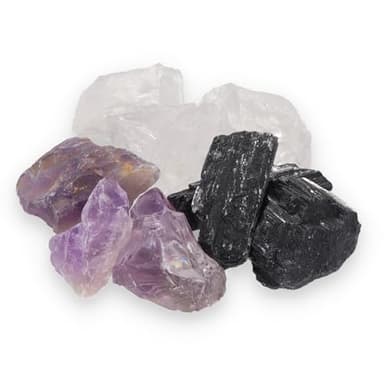 Juego de piedras de agua protección | juego de agua de piedras preciosas | piedras en bruto 100% naturales | turmalina negra + amatista + cristal de roca 300 g | Lebensqu