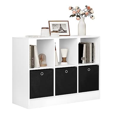 WOLTU Estanteria de Libros con 6 Cubos, Estanteria de Almacenamiento con 3 Cajones de Tela, Estantería de Pie para Dormitorio, Salón, Estudio, Oficina, Madera, Blanco, 80x30x60 cm, SK033ws