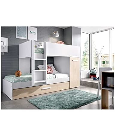 LITERA Tren con SUPLETORIA Y Armario Lucas - Blanco/Natural Litera con Cama supletoria y Armario. Ahorra Espacio con Esta Cama Tren Juvenil de 243 x 111 cm de 3 Camas