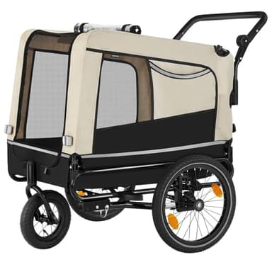 tectake® Remolque Bicicleta Perros Multifuncional, Carrito para Perros Plegable, Carro Perro con Manillar Extraíble, Remolque Bici 240L, Reflectores, Bandera, Arnés Seguridad, Carga Máx 40 kg - Beige
