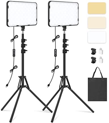 2 Paquete Luz Fotografia LED de Vídeo con 63'' Trípode, Obeamiu 2500-8500K Iluminación de Estudio de focos Fotografía para Grabación de Videoconferencia/Juegos en Vivo/Youtube, Cargador USB