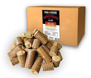 PINI Briquetas de madera dura, 100% roble, 30 kg, chimenea, estufa, leña, barbacoa, briquetas de roble con larga duración de combustión