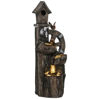 Outsunny Fuente de Agua 2 en 1 con Casita para Pájaros Fuente de Jardín con Iluminación LED Fuente Decorativa en Cascada de 4 Niveles para Jardín Patio Terraza 34,5x29,5x92 cm Multicolor