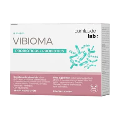 Cumlaude Lab - Vibioma, Complemento Alimenticio de Triple Acción Probiótica Para Bienestar Íntimo Femenino, Previene Infecciones, con Vitaminas, Probióticos y Prebióticos, Sabor Melocotón - 14 Sticks