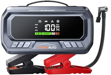 Arrancador de Baterias de Coche con Compresor de Air 6000A 160PSI YaberAuto Arrancador de Coche con 65W Carga Rápida (Todo Gas/12,0L Diesel), Arrancador con Inflador, Pantalla Grande y Linterna LED