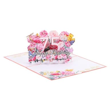 PATIKIL Tarjeta de Cumpleaños 75, Tarjeta de Regalo de Cumpleaño Desplegable Divertida Feliz Cumpleaños 3D Ramo de Flores Mariposas Dulces con Tarjeta de Saludo Mejor Amiga Rosa
