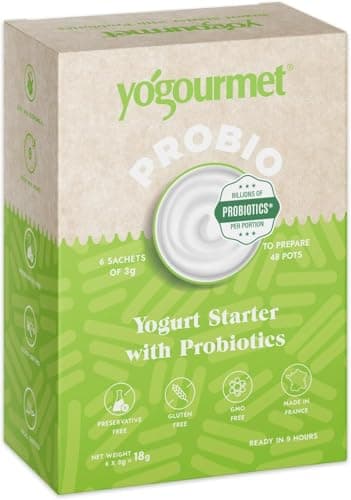 Yogourmet - Fermentos para Yogur con Probióticos (6 Sobres = 6 Litros) Haz Yogur en Casa - Natural, Sin Gluten, Kosher, Halal