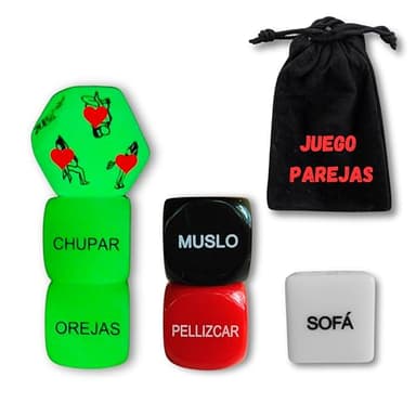 6 Dados Eróticos para Pareja + 1 Bolsa De Terciopelo + Targeta con Instrucciones - Dados Noche (Previa Exposición a la luz) - Regalo Original - Todos los Dados Misma Medida (2cm x 2cm)