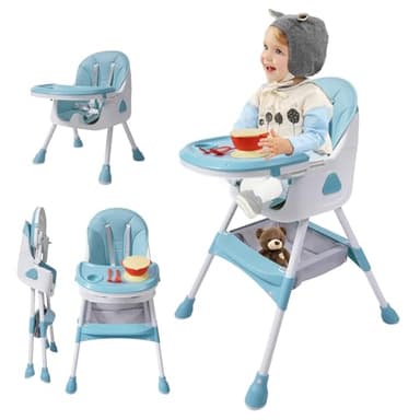 Trona 2 en 1 para bebé, color azul claro, plegable con reposapiés, cubiertos y bandeja para comer, silla de comedor de bebé de altura ajustable, asiento para niños y niñas a partir de 6 meses