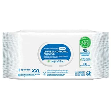 Tradineur - Toallitas húmedas con loción XXL, limpieza corporal adultos, desechables, biodegradables, suaves, hidratantes, enriquecidas con aloe vera y camomila, 60 uds